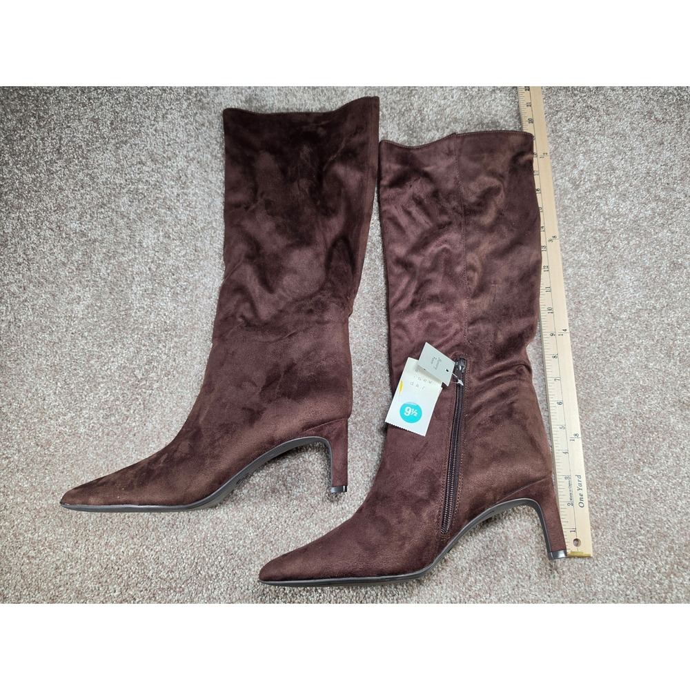 A New Day Justice Brown Faux Suede Pointed Toe Tall Boots Stiletto Heel 9.5